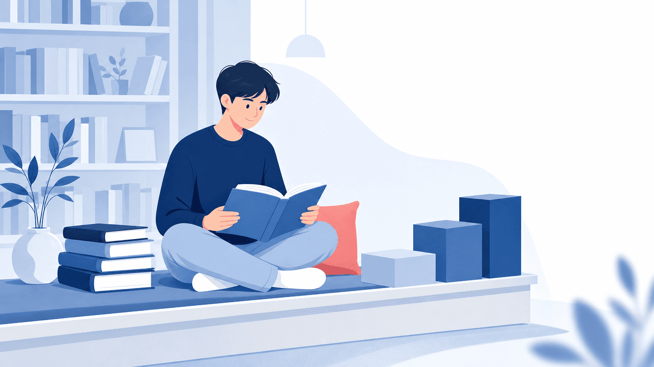 Illustration of a learner reading a book on a bench beside rising blocks and a stack of textbooks