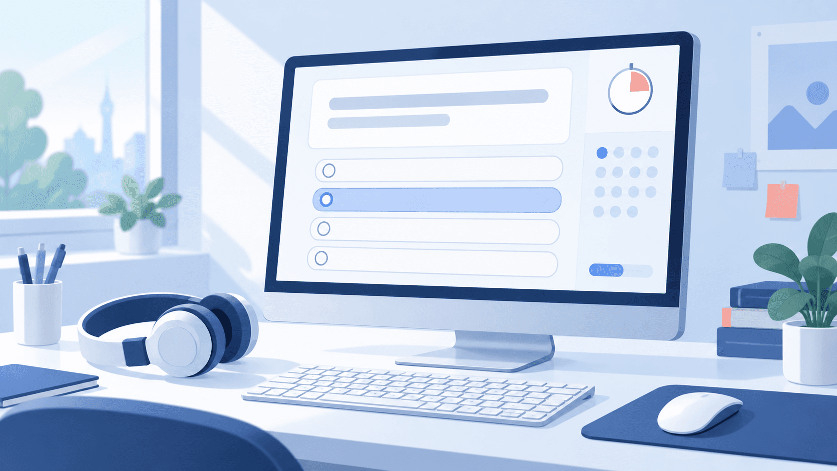 Illustration of a computer showing a practice test screen with answer options, a timer and headphones