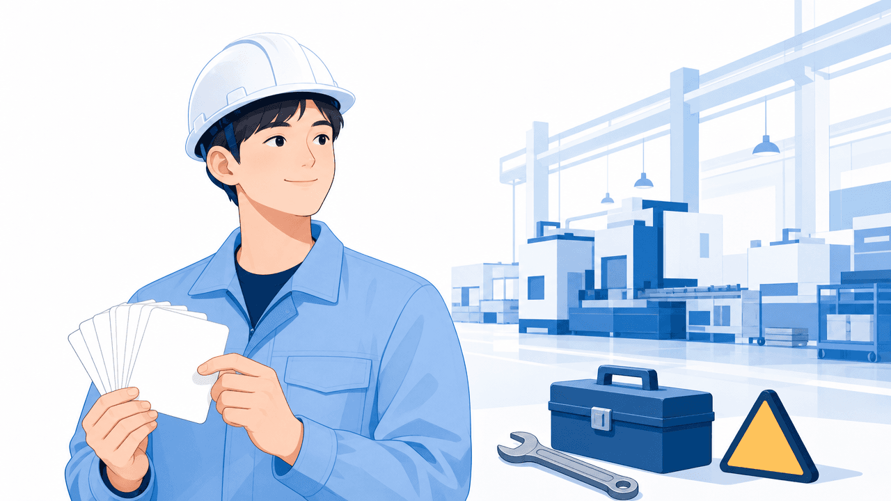 Illustration of a learner in a work jacket and safety helmet holding vocabulary cards in a factory